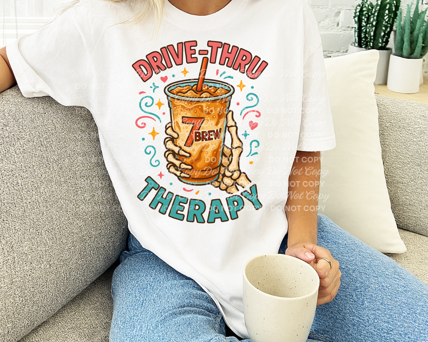 Drive-Thru Therapy – 7 Brew Coffee PNG Design | Funny Caffeine Lover Skeleton Hands | No Additional License Required