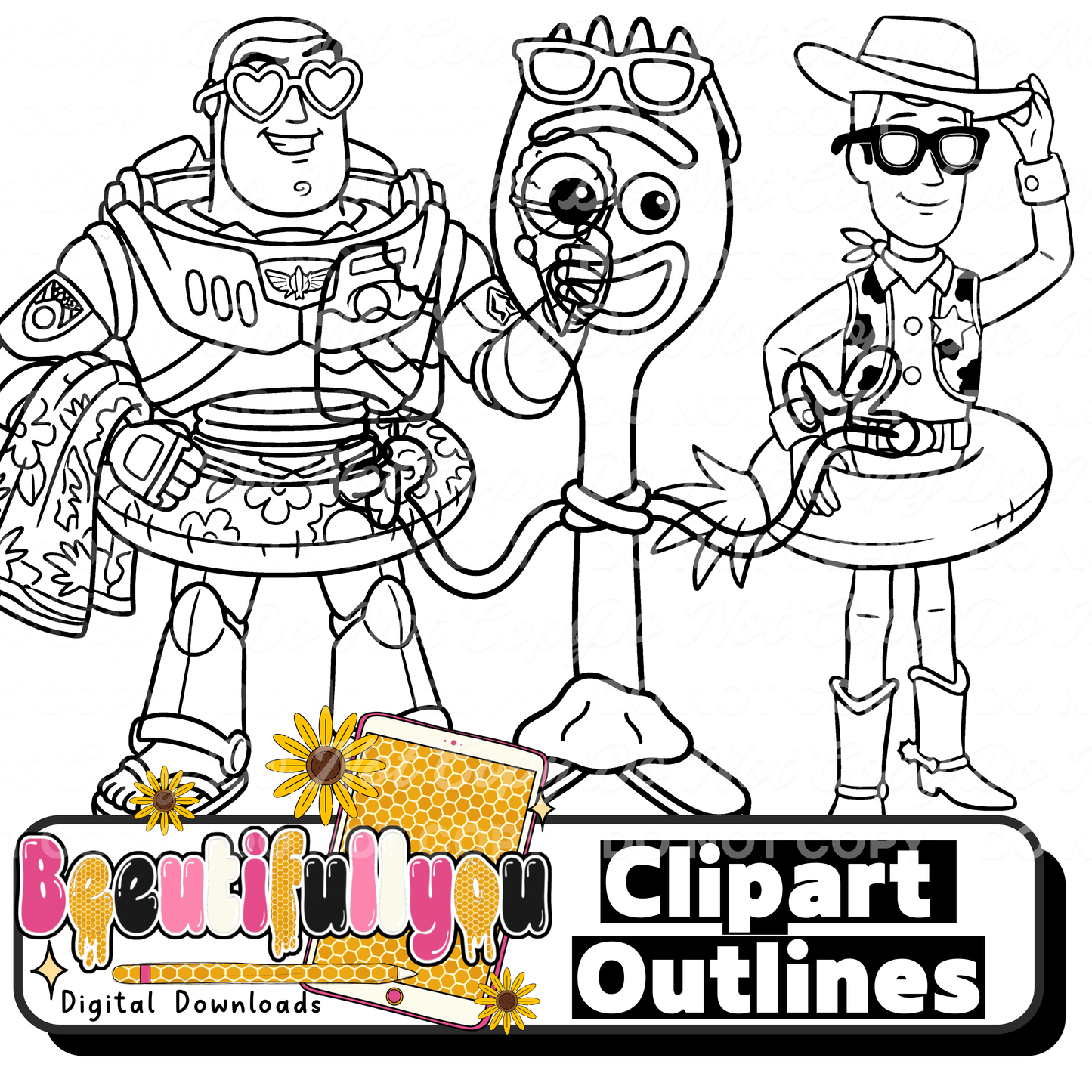Toy Summer Clipart Bundle | Character Inspired Summer PNGs | Colored Clipart & Outline Bundle