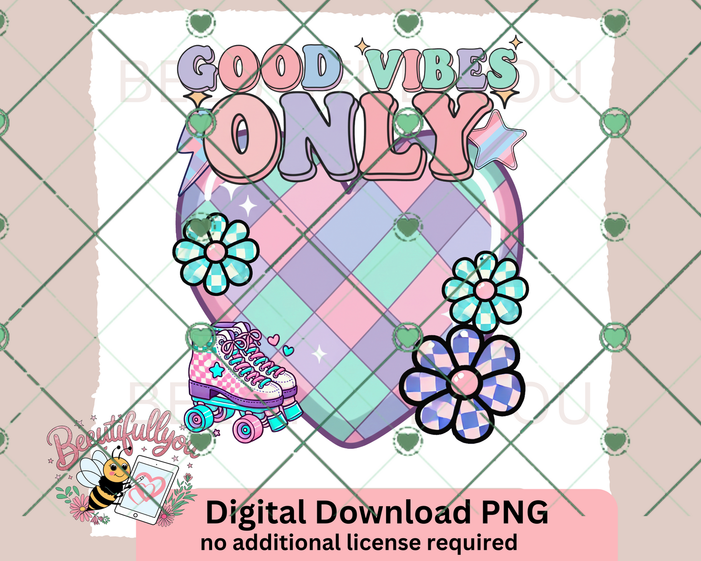 Good Vibes Only – Retro Roller Skate Heart Digital PNG Download