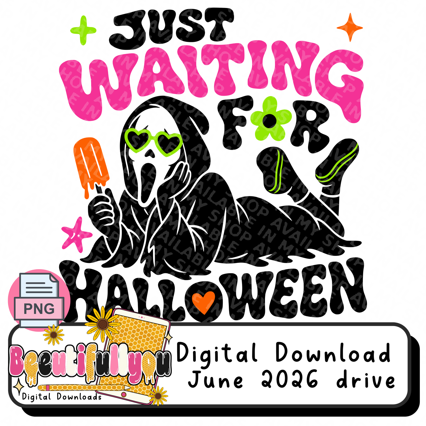 Just Waiting for Halloween PNG | Summer Ghostface Design | Spooky Summer Shirt Design | Funny Horror Vacation PNG | DTF & Sublimation Design Download