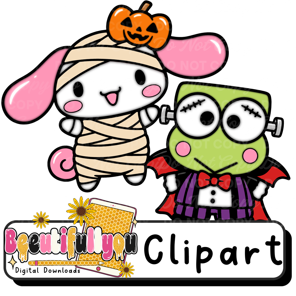Spooky Little Halloween Character Clipart + Colorable Outline Set