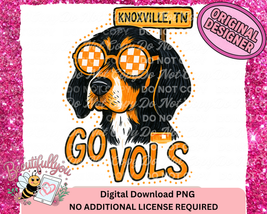 Go Vols Knoxville TN Dog PNG – Checkered Glasses Mascot Digital Download
