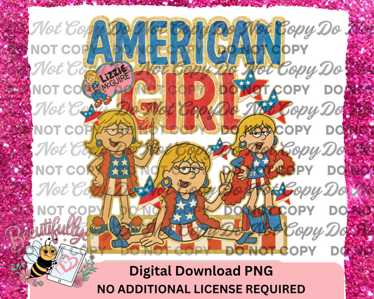 American Girl PNG – Lizzie McGuire Patriotic 4th of July Design, Retro Cartoon Digital Download