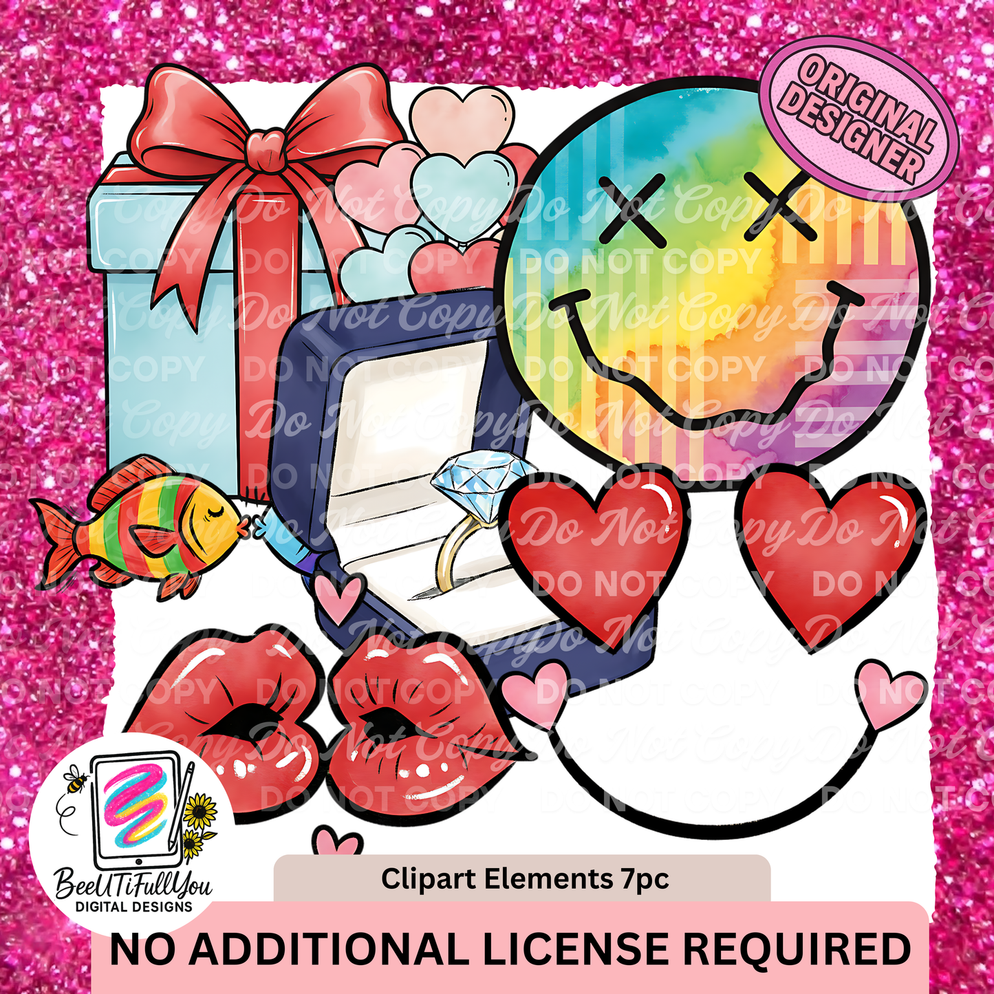 Valentine Clipart Elements Pack | 7-Piece PNG Clipart | Commercial Use Included