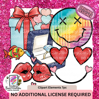 Valentine Clipart Elements Pack | 7-Piece PNG Clipart | Commercial Use Included