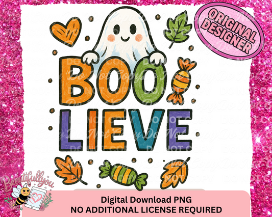 BOO-Lieve PNG | Cute Halloween Ghost with Candy Fall Leaves Digital Download