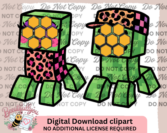 Minecraft-Inspired Creeper Couple Clipart – Girly & Boy Digital PNGs with Cheetah & Checkered Patterns | Commercial Use