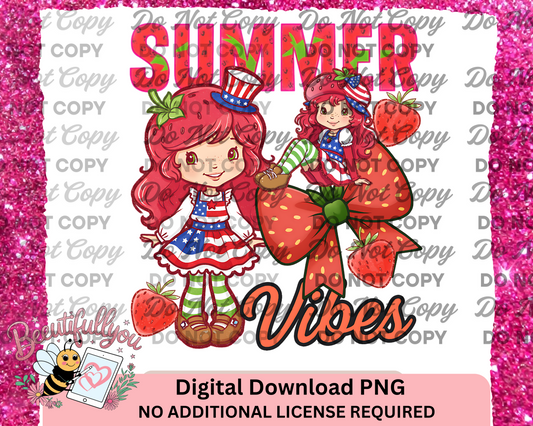 Summer Vibes Patriotic Strawberry Girl PNG – Digital Download