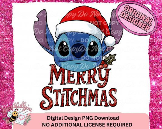 Merry Stitchmas Digital Design | Christmas PNG Download | Cute Holiday character in Santa Hat
