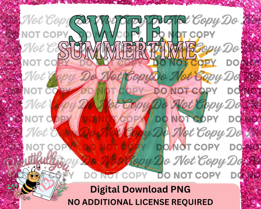 Sweet Summertime PNG – Strawberry and Cross with Bow, Watercolor Summer Christian Design