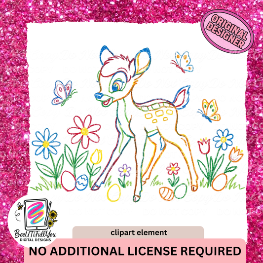 Hand-Drawn Spring Deer Clipart PNG | Crayon Style Woodland Fawn | Easter & Spring Illustration | Digital Clipart Element