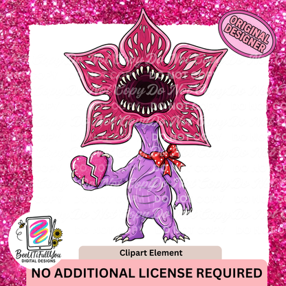 Valentine Clipart | Pink Demogorgon & Eleven Valentine PNG | Digital Download