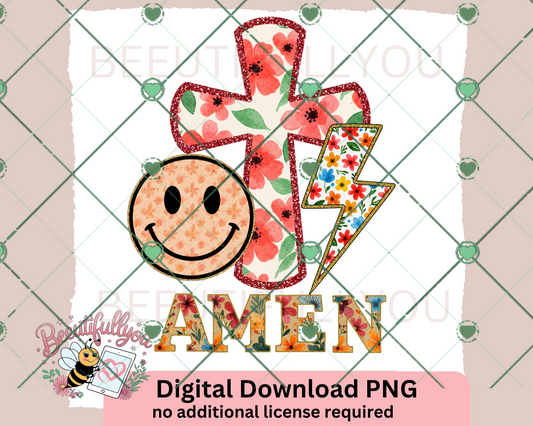 Amen Smiley Floral PNG | Faith-Based Retro Christian Sublimation Design
