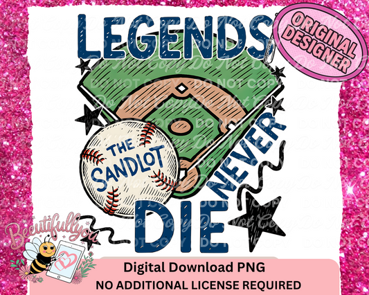 Legends Never Die PNG – Sandlot Baseball Quote Design for Shirts & Tumblers