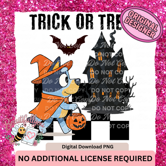 Trick or Treat Halloween PNG | Blue Dog Witch with Haunted House Digital Download