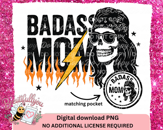 Badass Mom PNG | Skull Bandana Lightning Bolt Digital Download | Rockin’ Mom Sublimation with Pocket Design