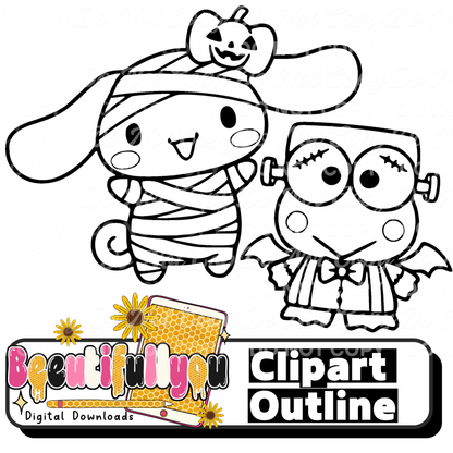 Spooky Little Halloween Character Clipart + Colorable Outline Set