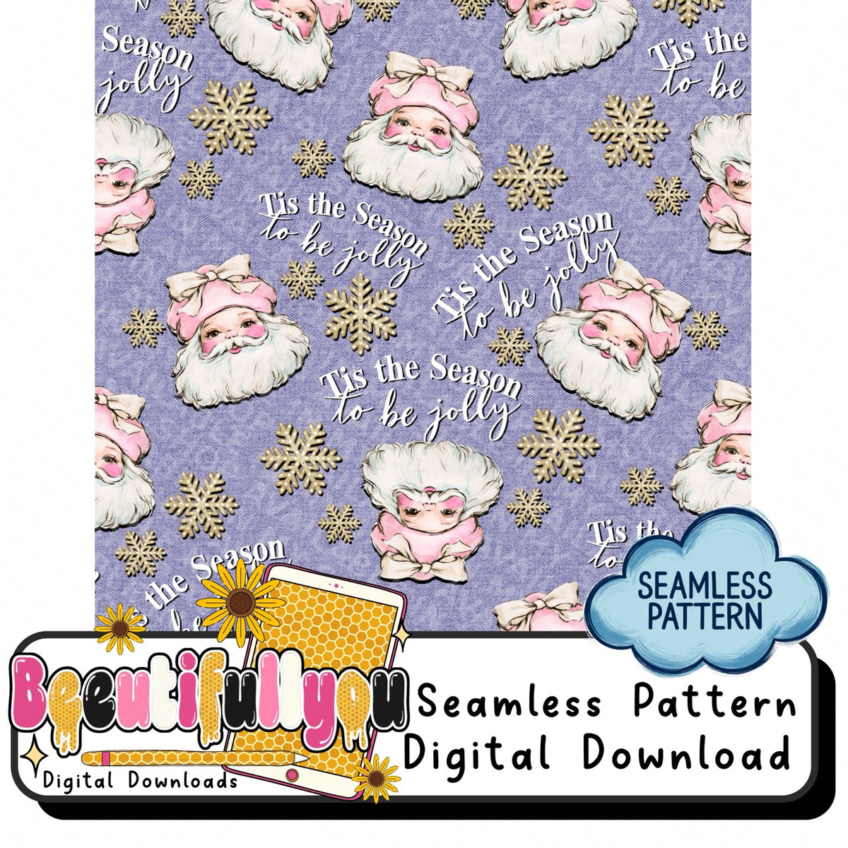Pink Santa Christmas Digital Bundle | Seamless Pattern, Tumbler Wrap & PNG