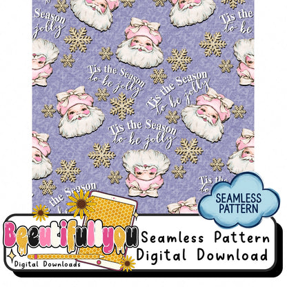 Pink Santa Christmas Digital Bundle | Seamless Pattern, Tumbler Wrap & PNG