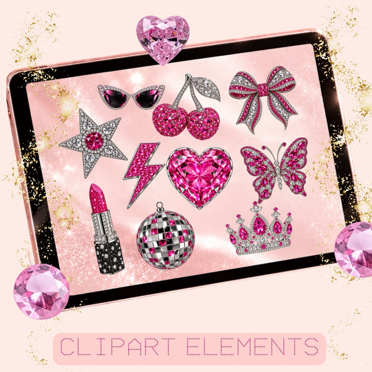 Bedazzled EVERYTHING Digital Mega Bundle | 41+ Digital Assets | Rhinestone Designs, Clipart, Seamless Patterns, Backgrounds & Font