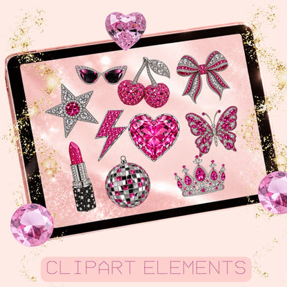 Bedazzled EVERYTHING Digital Mega Bundle | 41+ Digital Assets | Rhinestone Designs, Clipart, Seamless Patterns, Backgrounds & Font