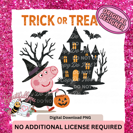 Trick or Treat Halloween PNG | Pig Witch with Haunted House Digital Download