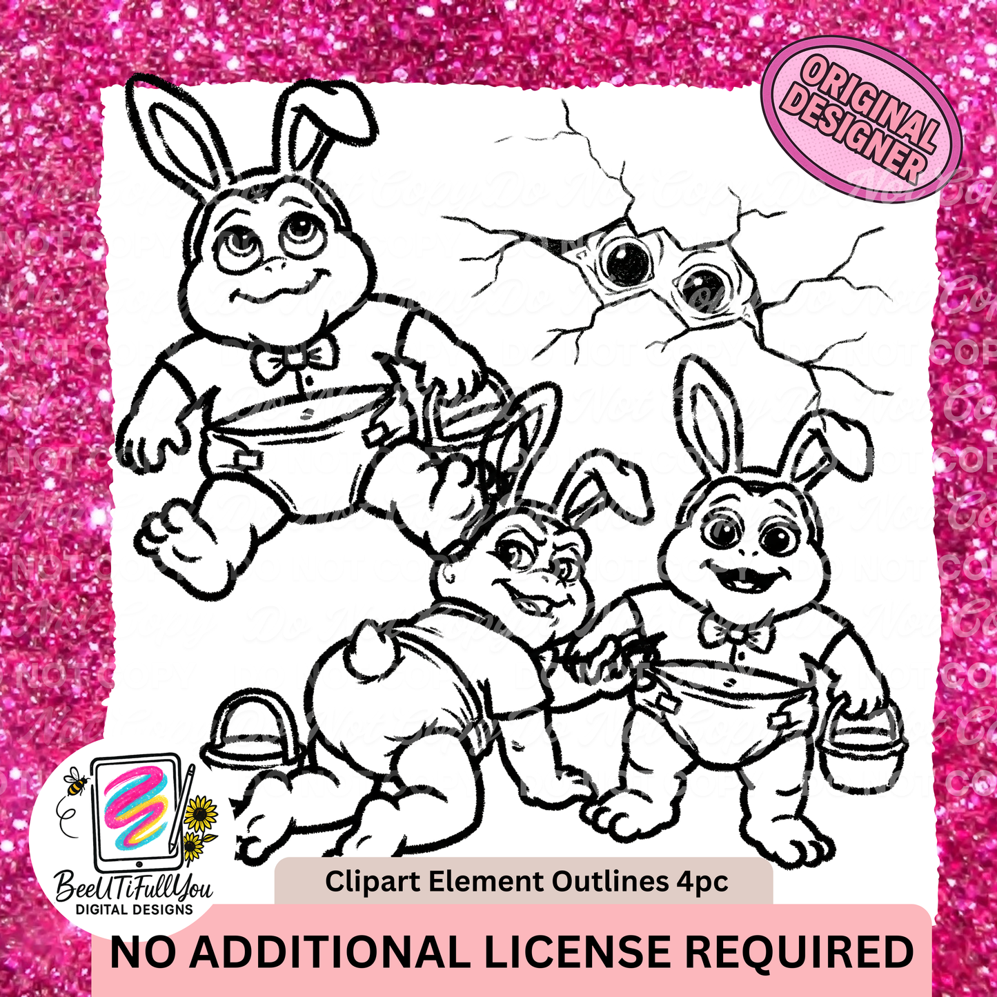 baby Dino Bunny Clipart Elements Bundle | 4 Designs | Colored + Outline PNGs | Commercial Use Included