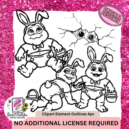 baby Dino Bunny Clipart Elements Bundle | 4 Designs | Colored + Outline PNGs | Commercial Use Included