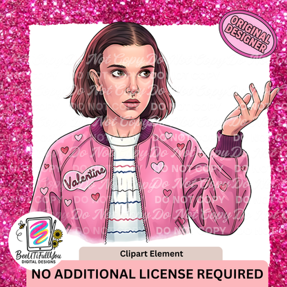 Valentine Clipart | Pink Demogorgon & Eleven Valentine PNG | Digital Download