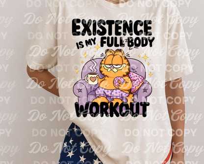 Existence Is My Full Body Workout PNG – Funny Lazy Day Garfield-Inspired Digital Download – Donut & Coffee Sublimation Design