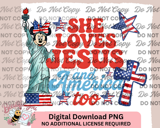 She Loves Jesus and America Too - Patriotic Minnie PNG