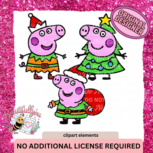 Christmas Piggy Clipart Set | 3pc Holiday Digital Download PNG | Cute Santa, Elf & Christmas Tree Characters