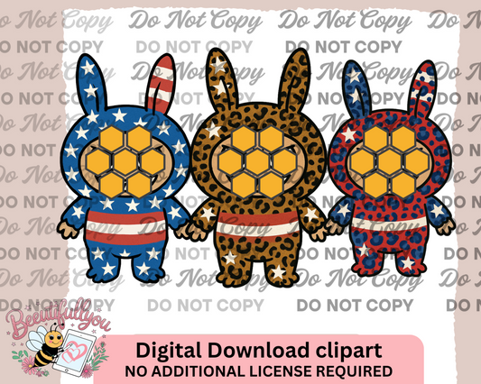Patriotic & Wild Labubu Clipart Set – 3-Piece Edgy Bunny Characters in Stars, Stripes & Leopard | Digital PNG | Commercial Use