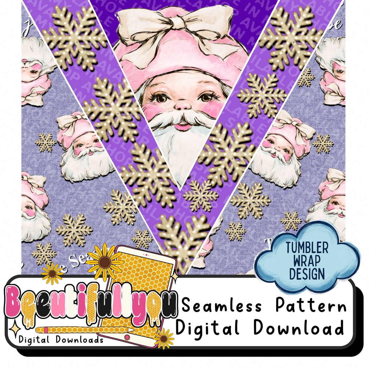Pink Santa Christmas Digital Bundle | Seamless Pattern, Tumbler Wrap & PNG