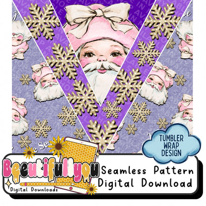 Pink Santa Christmas Digital Bundle | Seamless Pattern, Tumbler Wrap & PNG