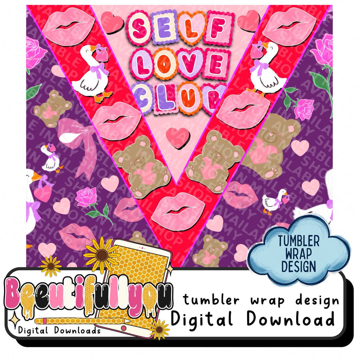 Self Love Club Valentine's Bundle | PNG Designs, Seamless Pattern & Tumbler Wrap