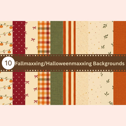 Fallmaxxing Halloweenmaxxing Digital Bundle | 29 Files | 10 PNG Designs, 10 Fall Backgrounds & 9 Clipart Elements | Autumn Halloween PNG