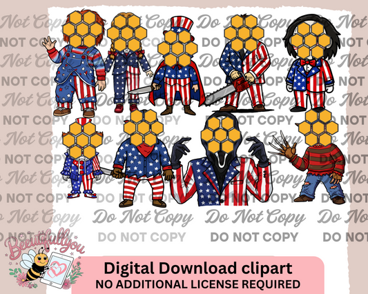 Patriotic Horror Characters Clipart Set – 9 PNGs | 4th of July Scary Icons | Commercial Use