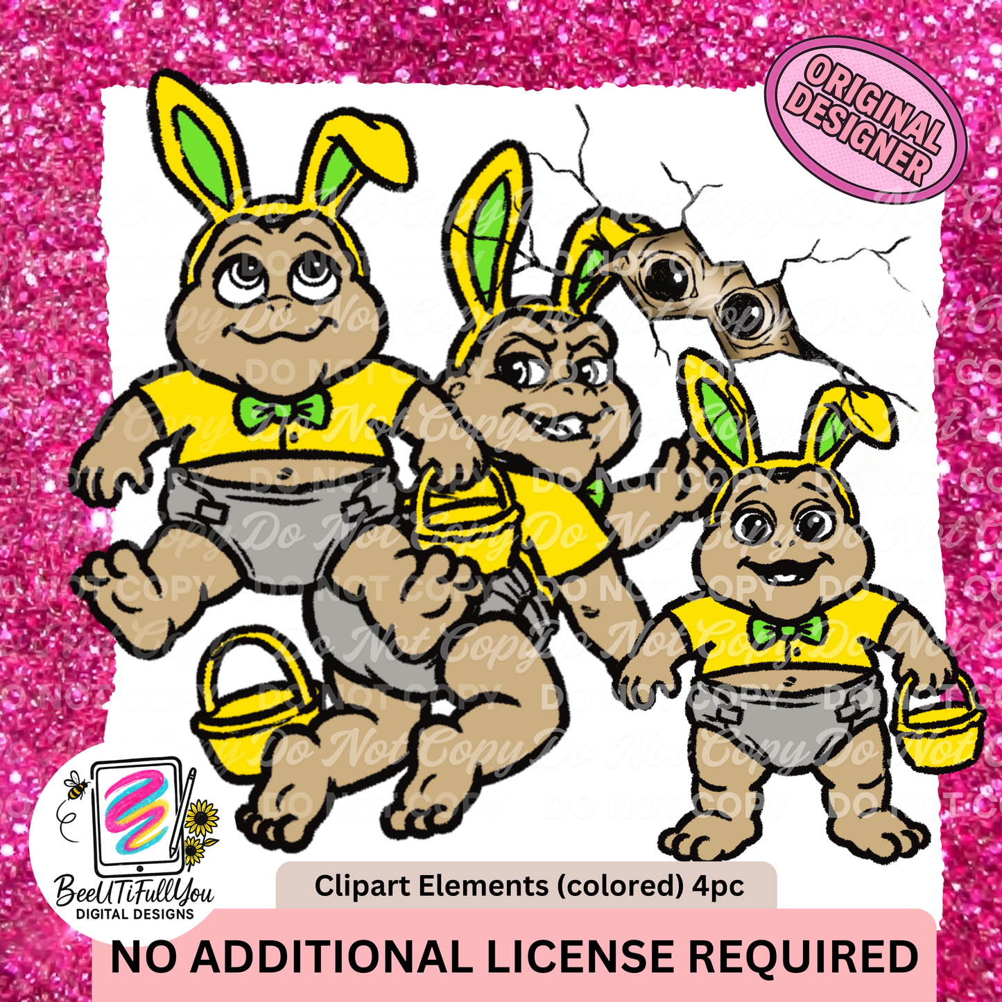 baby Dino Bunny Clipart Elements Bundle | 4 Designs | Colored + Outline PNGs | Commercial Use Included