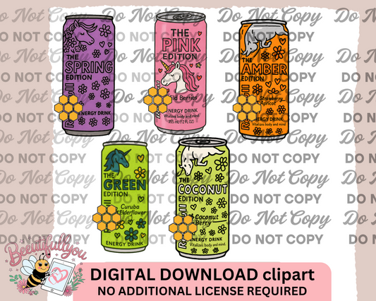 Pastel Red Bull-Inspired Energy Drink Clipart – 5 Piece Digital Download Set