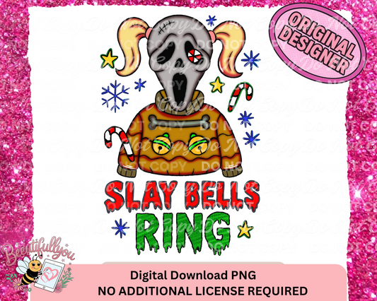 Slay Bells Ring PNG | Funny Horror Christmas Digital Download | Ugly Sweater Killer Holiday Design