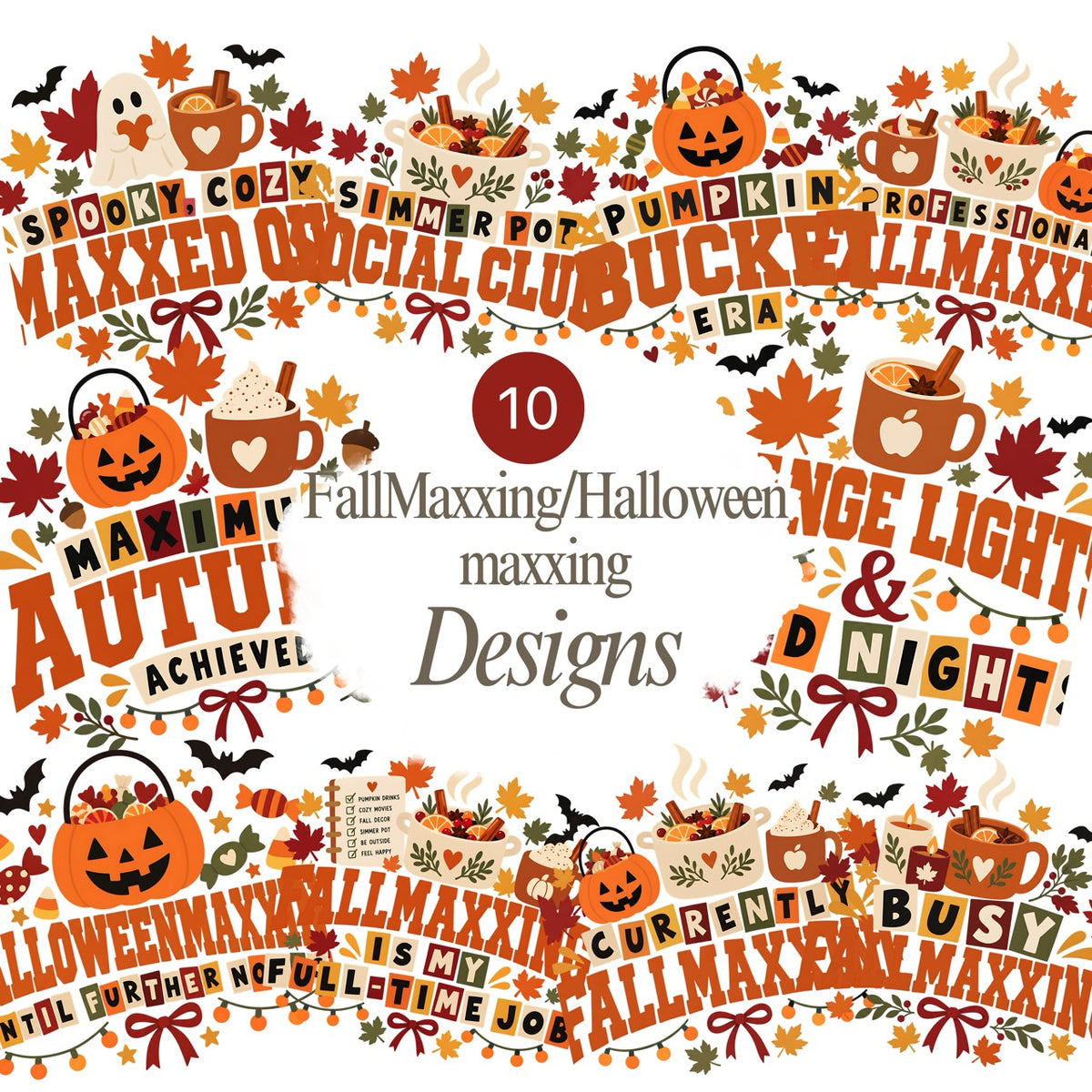 Fallmaxxing Halloweenmaxxing Digital Bundle | 29 Files | 10 PNG Designs, 10 Fall Backgrounds & 9 Clipart Elements | Autumn Halloween PNG