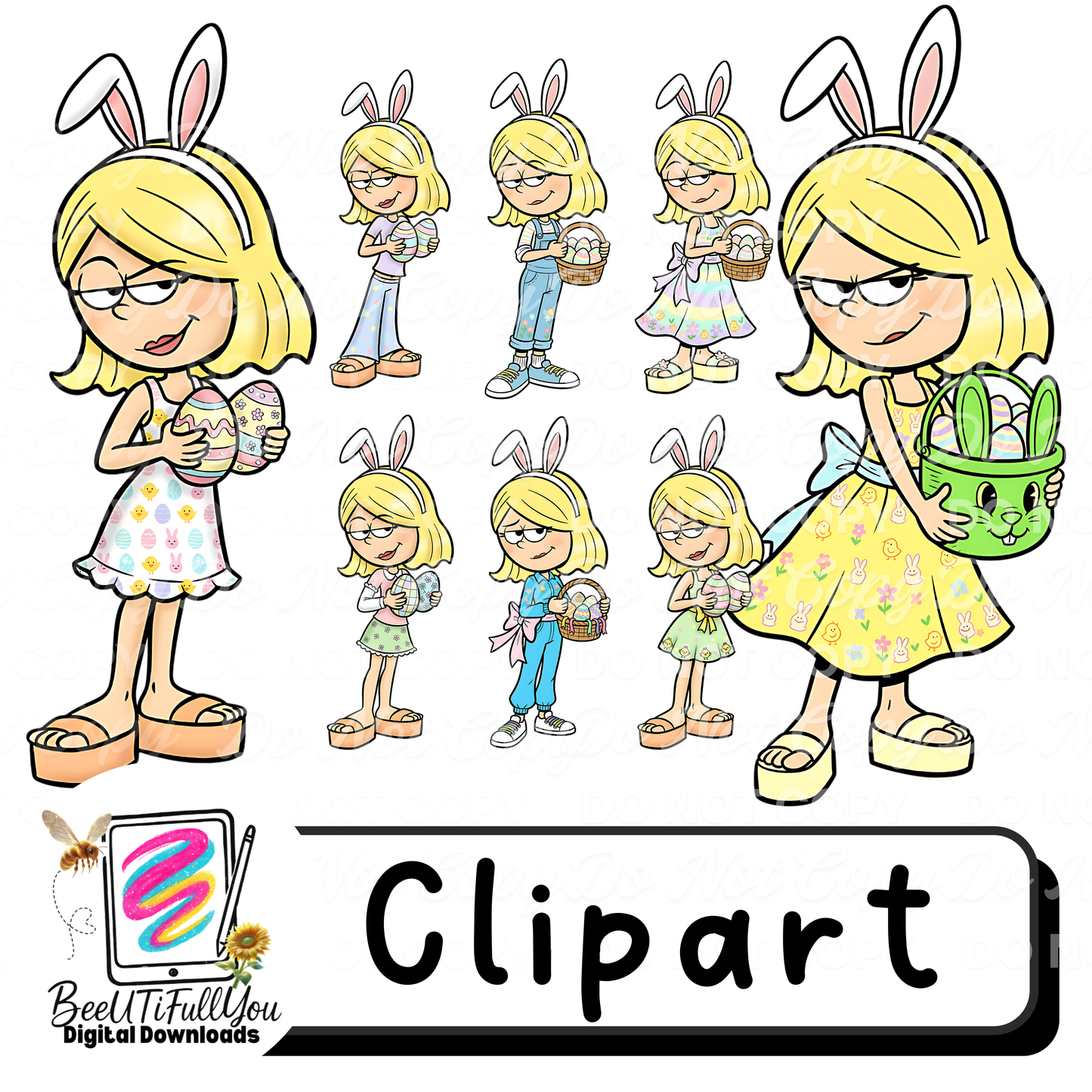 EASTER GIRL CLIPART BUNDLE (Colored + Outline Set)