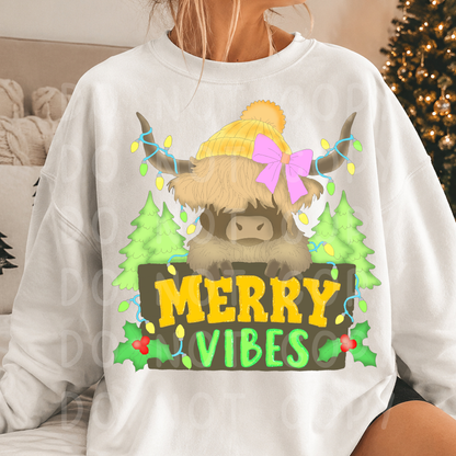 Merry Vibes Highland Cow Christmas PNG | Cute Christmas Cow Design | Girly Holiday PNG | Festive Cow Digital Download