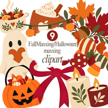 Fallmaxxing Halloweenmaxxing Digital Bundle | 29 Files | 10 PNG Designs, 10 Fall Backgrounds & 9 Clipart Elements | Autumn Halloween PNG