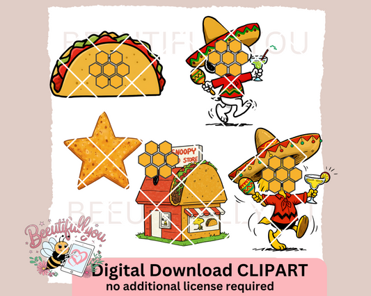 Snoopy Cinco de Mayo Taco Clipart – 5 PNG Set for Sublimation, DTF, & Crafts