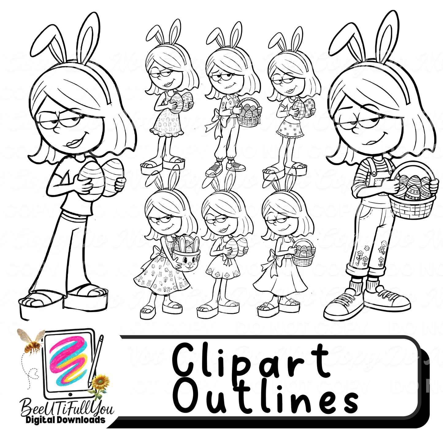 EASTER GIRL CLIPART BUNDLE (Colored + Outline Set)