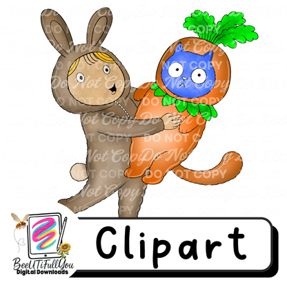 Bunny Holding Carrot Cat Clipart PNG Bundle | Easter Character Clipart | Colored + Outline Versions | Commercial Use