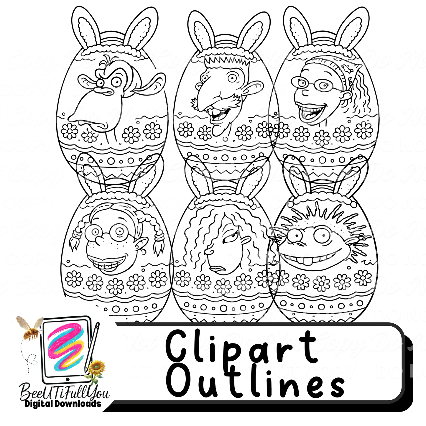 Easter Egg Heads Clipart Set Colored + Outline | Digital Download