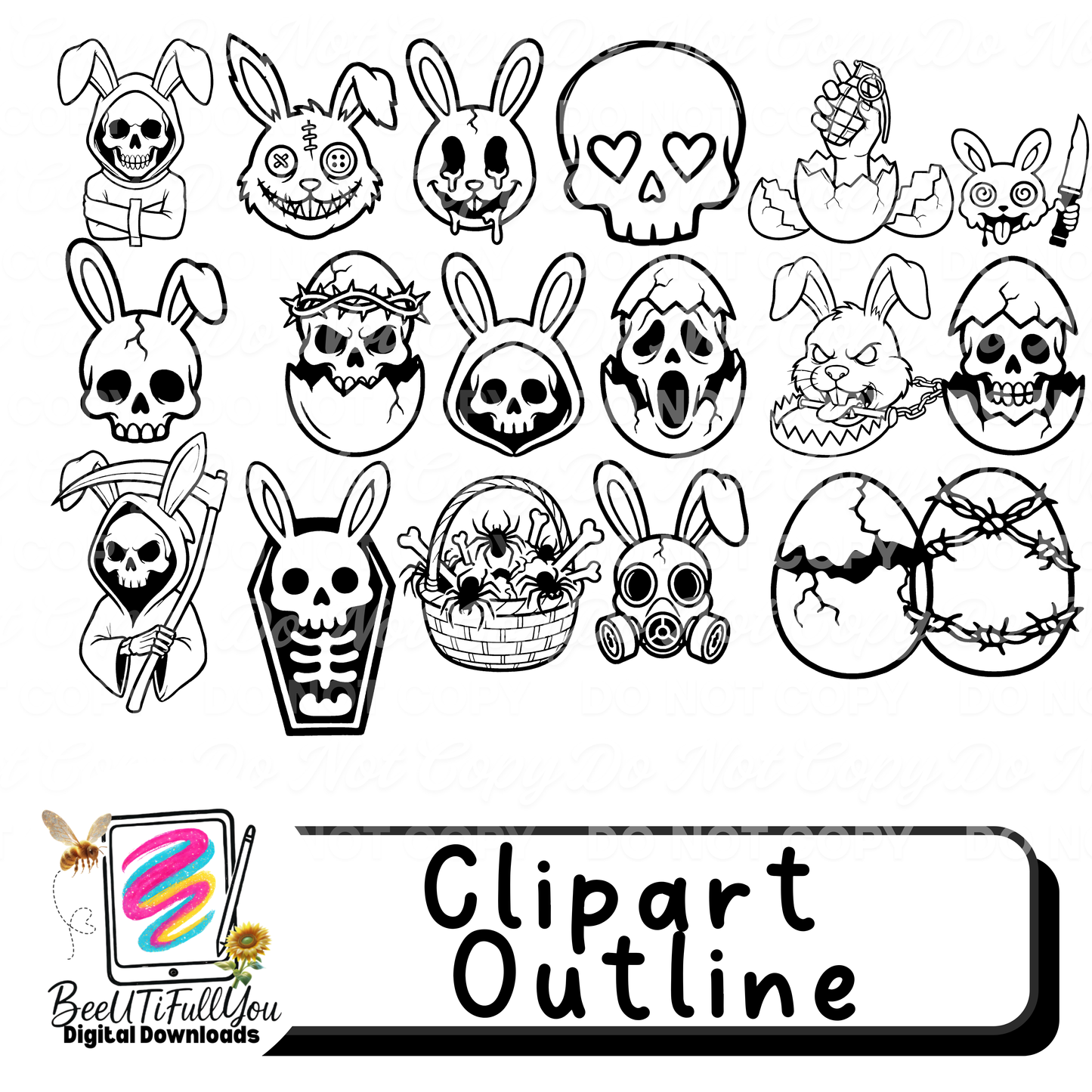 Spooky Bunny Clipart Outline Set – Dark Easter Edition